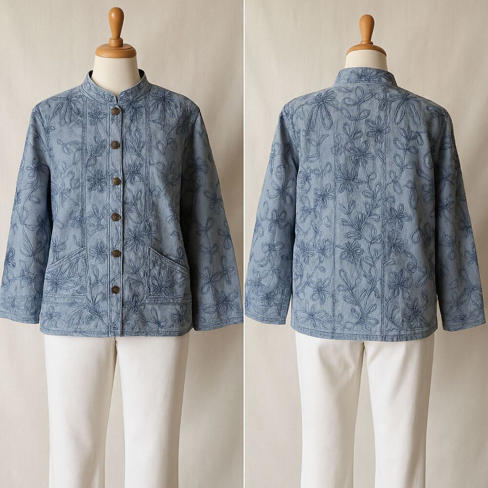 Galeno Blue Embroidered Cotton Jacket Medium Oriental Accent